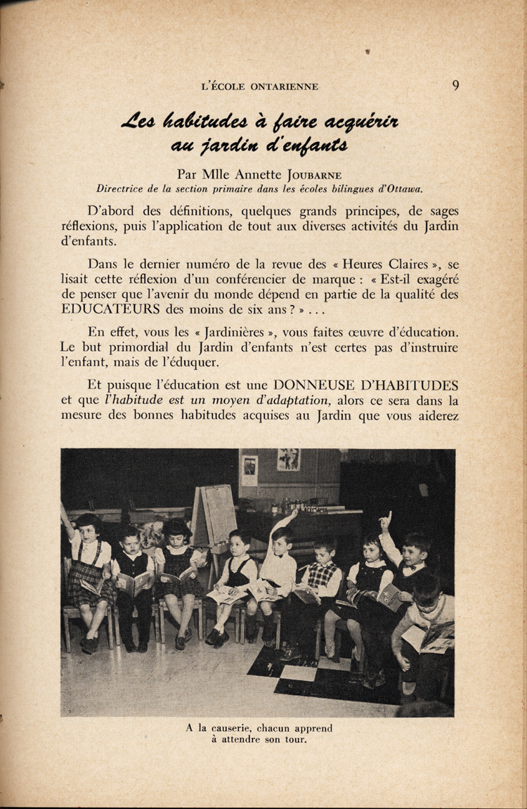 Reproduction de la neuvième page du quatrième numéro du treizième volume de la revue pédagogique L’école ontarienne, comprenant un article de Annette Joubarne intitulé Les habitudes à faire acquérir au jardin d’enfants, mars 1957.