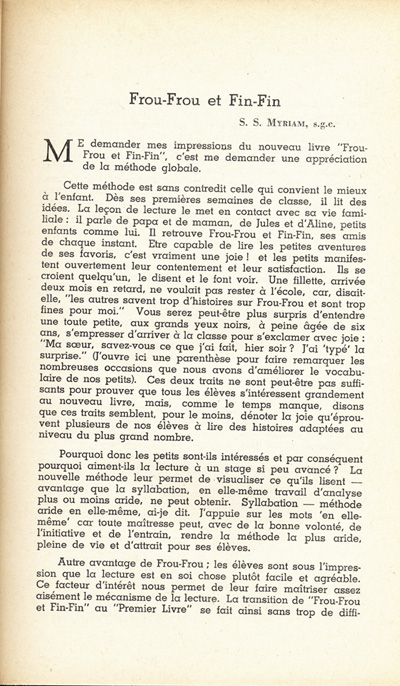 Reproduction de la quarante-cinqui&egrave;me page du premier num&eacute;ro du premier volume de L’&eacute;cole ontarienne comprenant un article de soeur Myriam, s.g.c., au sujet du manuel d’initiation &agrave; la lecture Frou-Frou et Fin-Fin de Robert Gauthier, d&eacute;cembre 1943.