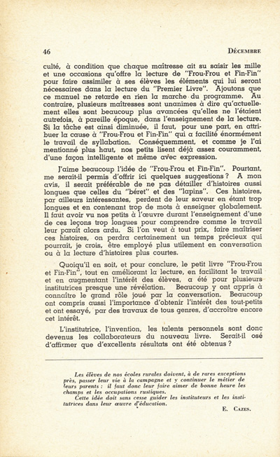 Reproduction de la quarante-sixi&egrave;me page du premier num&eacute;ro du premier volume de L’&eacute;cole ontarienne comprenant un article de soeur Myriam, s.g.c., au sujet du manuel d’initiation &agrave; la lecture Frou-Frou et Fin-Fin de Robert Gauthier, d&eacute;cembre 1943.
