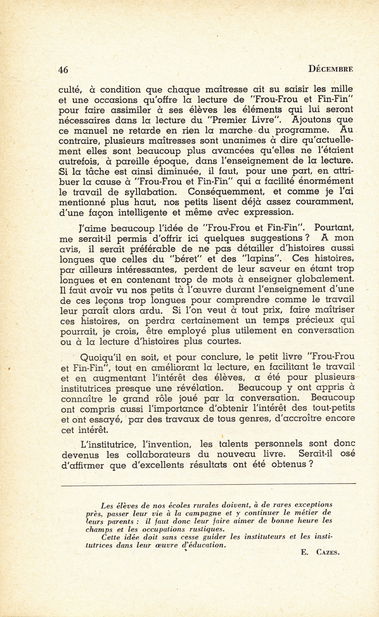 Reproduction de la quarante-sixi&egrave;me page du premier num&eacute;ro du premier volume de L’&eacute;cole ontarienne comprenant un article de soeur Myriam, s.g.c., au sujet du manuel d’initiation &agrave; la lecture Frou-Frou et Fin-Fin de Robert Gauthier, d&eacute;cembre 1943.