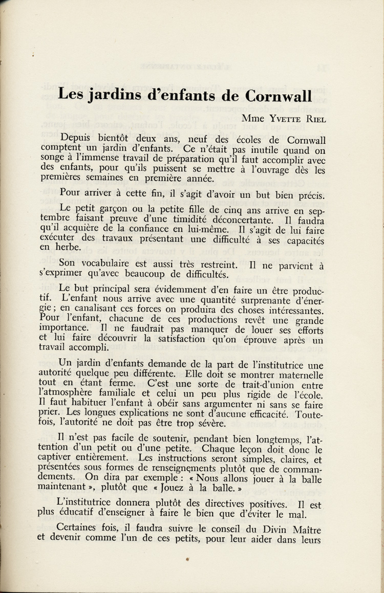 Reproduction de la treizi&egrave;me page du troisi&egrave;me num&eacute;ro du neuvi&egrave;me volume de la revue p&eacute;dagogique L’&eacute;cole ontarienne, comprenant un article de Yvette Riel intitul&eacute; Les jardins d’enfants de Cornwall, mai 1952.