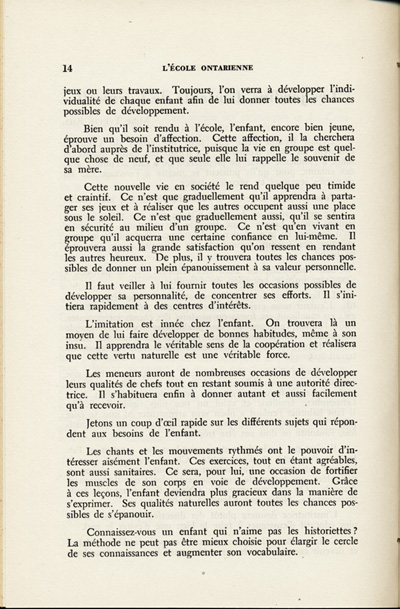 Reproduction de la quatorzi&egrave;me page du troisi&egrave;me num&eacute;ro du neuvi&egrave;me volume de la revue p&eacute;dagogique L’&eacute;cole ontarienne, comprenant un article de Yvette Riel intitul&eacute; Les jardins d’enfants de Cornwall, mai 1952.