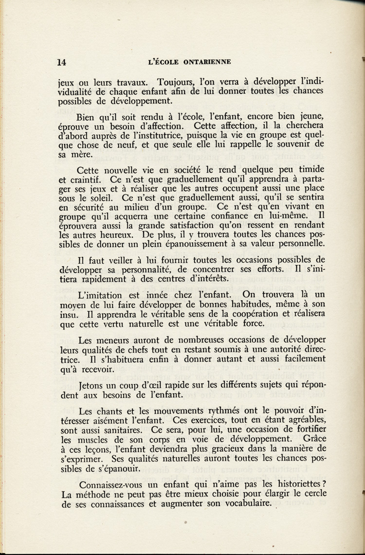 Reproduction de la quatorzi&egrave;me page du troisi&egrave;me num&eacute;ro du neuvi&egrave;me volume de la revue p&eacute;dagogique L’&eacute;cole ontarienne, comprenant un article de Yvette Riel intitul&eacute; Les jardins d’enfants de Cornwall, mai 1952.