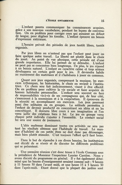 Reproduction de la quinzi&egrave;me page du troisi&egrave;me num&eacute;ro du neuvi&egrave;me volume de la revue p&eacute;dagogique L’&eacute;cole ontarienne, comprenant un article de Yvette Riel intitul&eacute; Les jardins d’enfants de Cornwall, mai 1952.