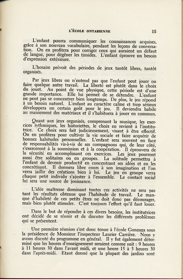 Reproduction de la quinzi&egrave;me page du troisi&egrave;me num&eacute;ro du neuvi&egrave;me volume de la revue p&eacute;dagogique L’&eacute;cole ontarienne, comprenant un article de Yvette Riel intitul&eacute; Les jardins d’enfants de Cornwall, mai 1952.