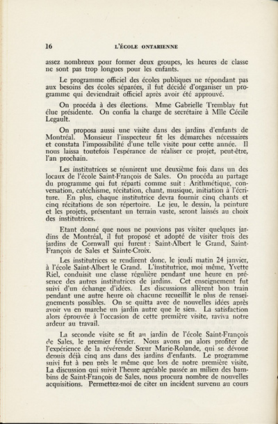 Reproduction de la seizi&egrave;me page du troisi&egrave;me num&eacute;ro du neuvi&egrave;me volume de la revue p&eacute;dagogique L’&eacute;cole ontarienne, comprenant un article de Yvette Riel intitul&eacute; Les jardins d’enfants de Cornwall, mai 1952.