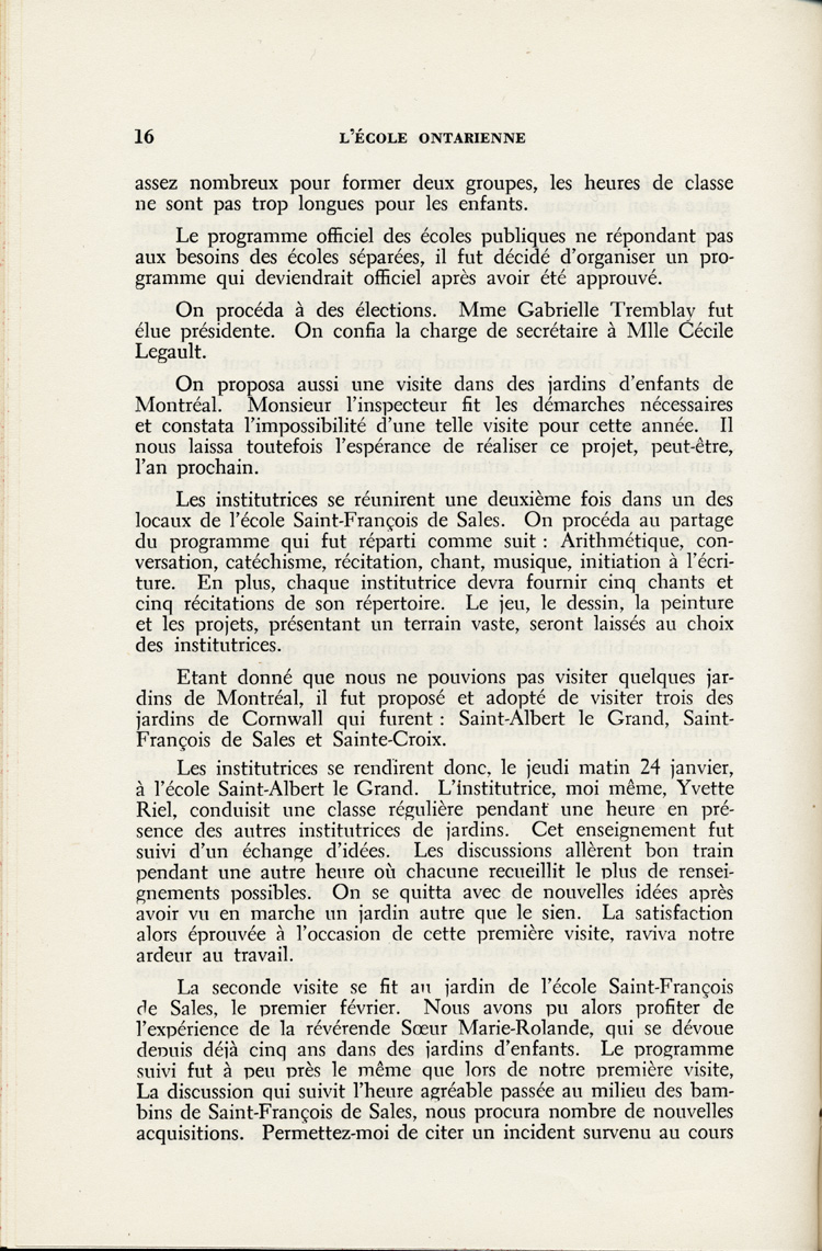 Reproduction de la seizi&egrave;me page du troisi&egrave;me num&eacute;ro du neuvi&egrave;me volume de la revue p&eacute;dagogique L’&eacute;cole ontarienne, comprenant un article de Yvette Riel intitul&eacute; Les jardins d’enfants de Cornwall, mai 1952.