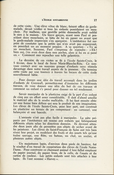 Reproduction de la dix-septi&egrave;me page du troisi&egrave;me num&eacute;ro du neuvi&egrave;me volume de la revue p&eacute;dagogique L’&eacute;cole ontarienne, comprenant un article de Yvette Riel intitul&eacute; Les jardins d’enfants de Cornwall, mai 1952.