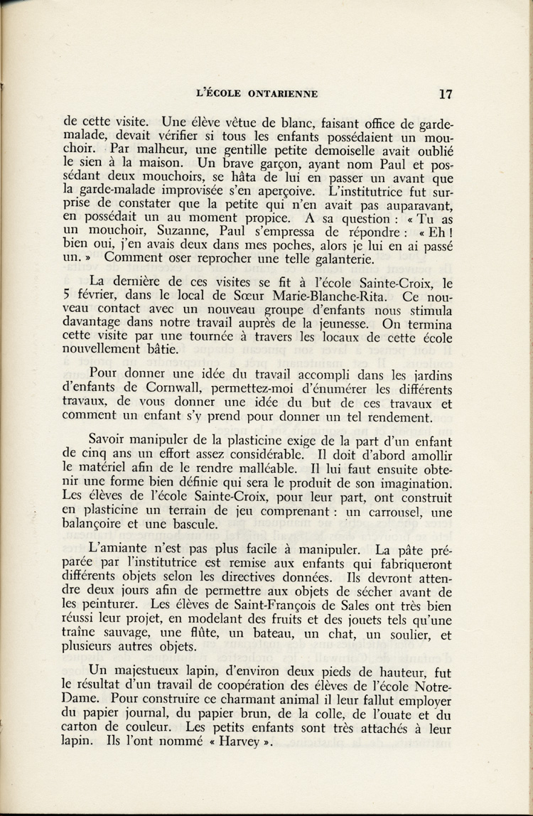 Reproduction de la dix-septi&egrave;me page du troisi&egrave;me num&eacute;ro du neuvi&egrave;me volume de la revue p&eacute;dagogique L’&eacute;cole ontarienne, comprenant un article de Yvette Riel intitul&eacute; Les jardins d’enfants de Cornwall, mai 1952.
