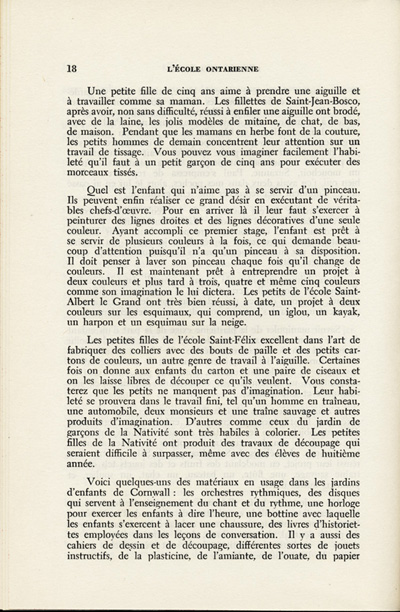 Reproduction de la dix-huiti&egrave;me page du troisi&egrave;me num&eacute;ro du neuvi&egrave;me volume de la revue p&eacute;dagogique L’&eacute;cole ontarienne, comprenant un article de Yvette Riel intitul&eacute; Les jardins d’enfants de Cornwall, mai 1952.