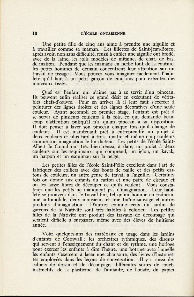 Reproduction de la dix-huiti&egrave;me page du troisi&egrave;me num&eacute;ro du neuvi&egrave;me volume de la revue p&eacute;dagogique L’&eacute;cole ontarienne, comprenant un article de Yvette Riel intitul&eacute; Les jardins d’enfants de Cornwall, mai 1952.