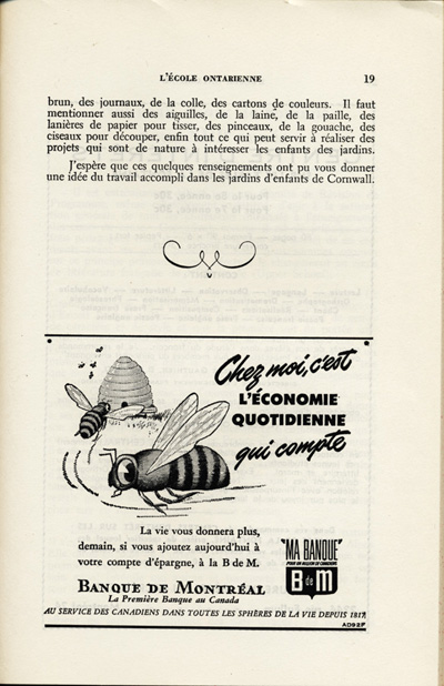 Reproduction de la dix-neuvi&egrave;me page du troisi&egrave;me num&eacute;ro du neuvi&egrave;me volume de la revue p&eacute;dagogique L’&eacute;cole ontarienne, comprenant un article de Yvette Riel intitul&eacute; Les jardins d’enfants de Cornwall, mai 1952.