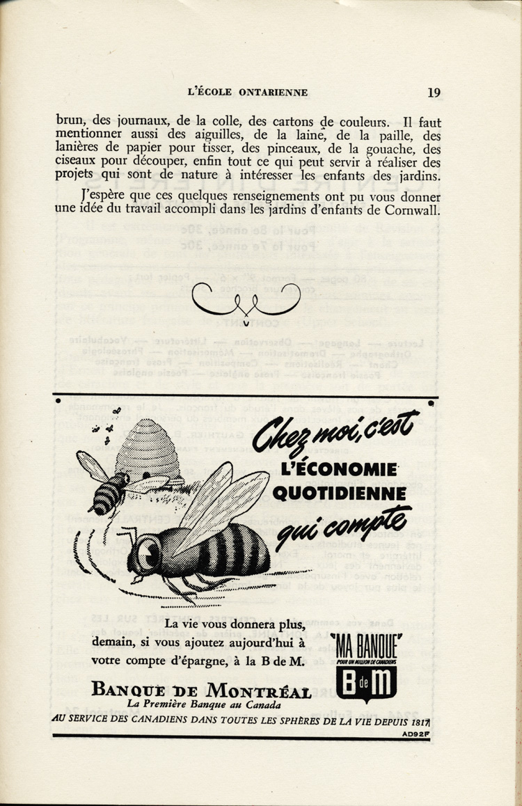 Reproduction de la dix-neuvi&egrave;me page du troisi&egrave;me num&eacute;ro du neuvi&egrave;me volume de la revue p&eacute;dagogique L’&eacute;cole ontarienne, comprenant un article de Yvette Riel intitul&eacute; Les jardins d’enfants de Cornwall, mai 1952.