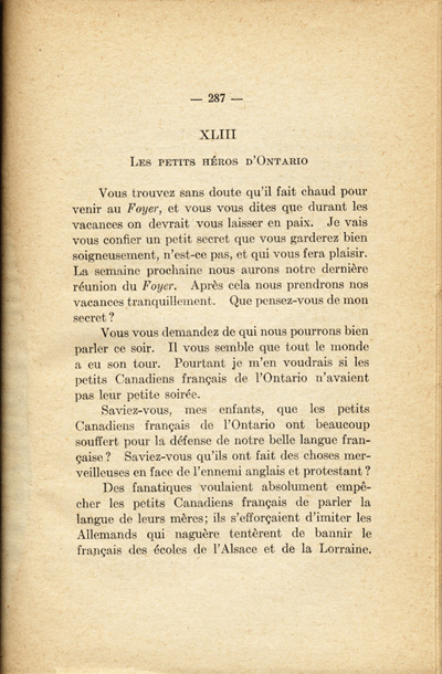 Reproduction de la deux cent quatre-vingt-septi&egrave;me page de En veillant avec les petits de chez nous par Joseph-G&eacute;rin G&eacute;linas, comprenant un texte intitul&eacute; Les petits h&eacute;ros d’Ontario, 1919.