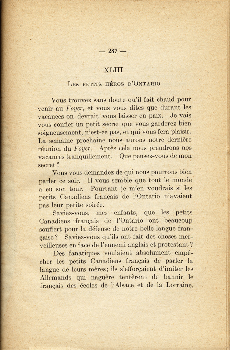 Reproduction de la deux cent quatre-vingt-septi&egrave;me page de En veillant avec les petits de chez nous par Joseph-G&eacute;rin G&eacute;linas, comprenant un texte intitul&eacute; Les petits h&eacute;ros d’Ontario, 1919.