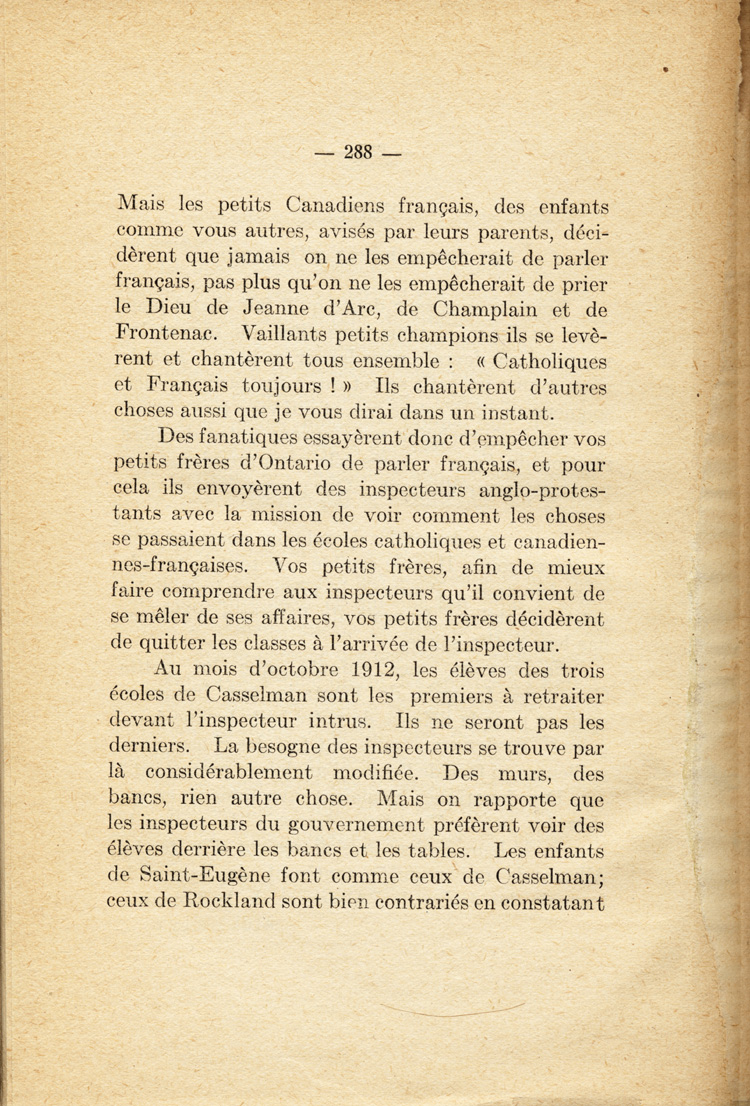 Reproduction de la deux cent quatre-vingt-huiti&egrave;me page de En veillant avec les petits de chez nous par Joseph-G&eacute;rin G&eacute;linas, comprenant un texte intitul&eacute; Les petits h&eacute;ros d’Ontario, 1919.