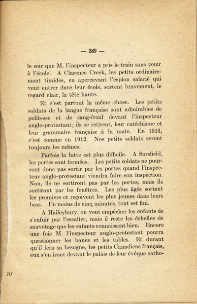 Reproduction de la deux cent quatre-vingt-neuvi&egrave;me page de En veillant avec les petits de chez nous par Joseph-G&eacute;rin G&eacute;linas, comprenant un texte intitul&eacute; Les petits h&eacute;ros d’Ontario, 1919.