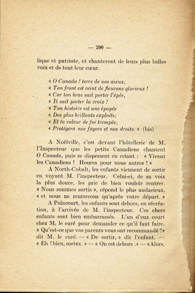 Reproduction de la deux cent quatre-vingt-dixi&egrave;me page de En veillant avec les petits de chez nous par Joseph-G&eacute;rin G&eacute;linas, comprenant un texte intitul&eacute; Les petits h&eacute;ros d’Ontario, 1919.