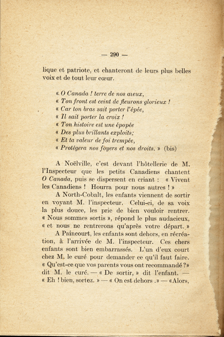 Reproduction de la deux cent quatre-vingt-dixi&egrave;me page de En veillant avec les petits de chez nous par Joseph-G&eacute;rin G&eacute;linas, comprenant un texte intitul&eacute; Les petits h&eacute;ros d’Ontario, 1919.