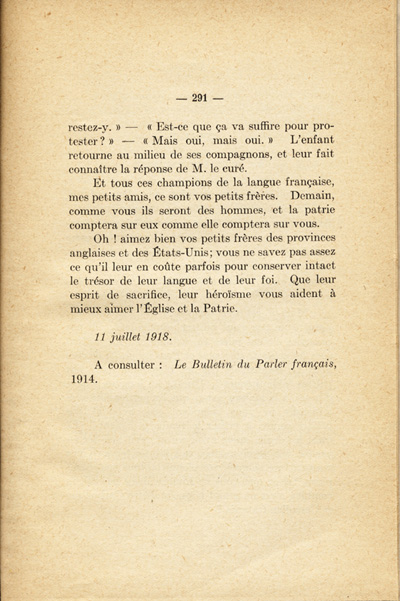 Reproduction de la deux cent quatre-vingt-onzi&egrave;me page de En veillant avec les petits de chez nous par Joseph-G&eacute;rin G&eacute;linas, comprenant un texte intitul&eacute; Les petits h&eacute;ros d’Ontario, 1919.