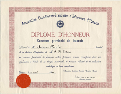 Reproduction du dipl&ocirc;me d’honneur de l’Association canadienne-fran&ccedil;aise d’&eacute;ducation d’Ontario (ACFEO) remis &agrave; Jacques Faucher, laur&eacute;at du Concours provincial de fran&ccedil;ais chez les gar&ccedil;ons au primaire, 21 avril 1949.