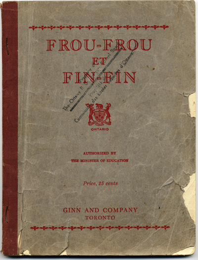 Reproduction de la page couverture du manuel d’initiation &agrave; la lecture Frou-Frou et Fin-Fin de Robert Gauthier, 1939.