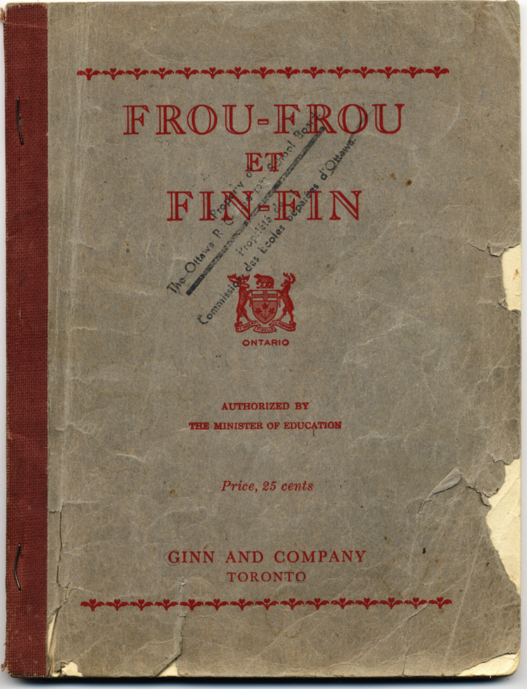 Reproduction de la page couverture du manuel d’initiation &agrave; la lecture Frou-Frou et Fin-Fin de Robert Gauthier, 1939.