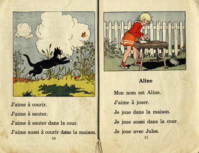 Reproduction de la dixi&egrave;me et de la onzi&egrave;me page du manuel d’initiation &agrave; la lecture Frou-Frou et Fin-Fin de Robert Gauthier, 1939.