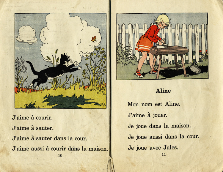 Reproduction de la dixi&egrave;me et de la onzi&egrave;me page du manuel d’initiation &agrave; la lecture Frou-Frou et Fin-Fin de Robert Gauthier, 1939.