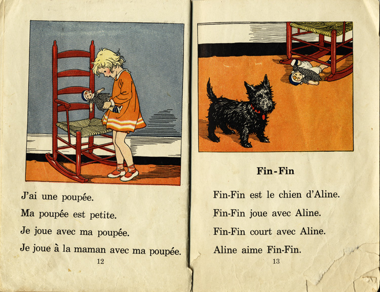 Reproduction de la douzi&egrave;me et de la treizi&egrave;me page du manuel d’initiation &agrave; la lecture Frou-Frou et Fin-Fin de Robert Gauthier, 1939.