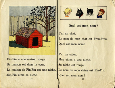 Reproduction de la quatorzi&egrave;me et de la quinzi&egrave;me page du manuel d’initiation &agrave; la lecture Frou-Frou et Fin-Fin de Robert Gauthier, 1939.