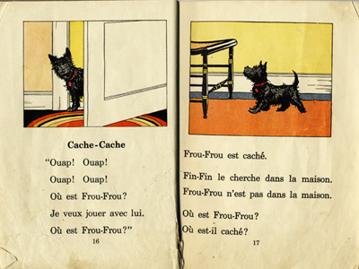 Reproduction de la seizi&egrave;me et de la dix-septi&egrave;me page du manuel d’initiation &agrave; la lecture Frou-Frou et Fin-Fin de Robert Gauthier, 1939.