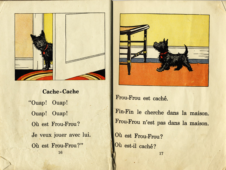 Reproduction de la seizi&egrave;me et de la dix-septi&egrave;me page du manuel d’initiation &agrave; la lecture Frou-Frou et Fin-Fin de Robert Gauthier, 1939.