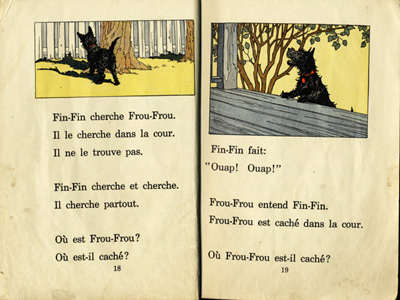 Reproduction de la dix-huiti&egrave;me et de la dix-neuvi&egrave;me page du manuel d’initiation &agrave; la lecture Frou-Frou et Fin-Fin de Robert Gauthier, 1939.