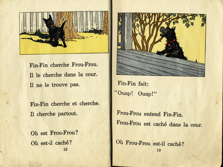 Reproduction de la dix-huiti&egrave;me et de la dix-neuvi&egrave;me page du manuel d’initiation &agrave; la lecture Frou-Frou et Fin-Fin de Robert Gauthier, 1939.