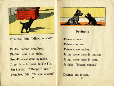 Reproduction de la vingti&egrave;me et de la vingt et uni&egrave;me page du manuel d’initiation &agrave; la lecture Frou-Frou et Fin-Fin de Robert Gauthier, 1939.