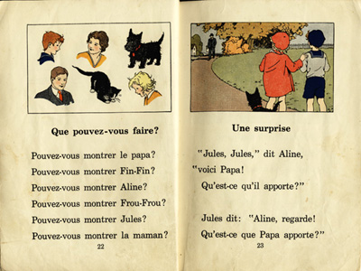 Reproduction de la vingt-deuxi&egrave;me et de la vingt-troisi&egrave;me page du manuel d’initiation &agrave; la lecture Frou-Frou et Fin-Fin de Robert Gauthier, 1939.