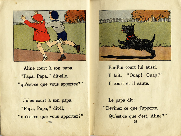 Reproduction de la vingt-quatri&egrave;me et de la vingt-cinqui&egrave;me page du manuel d’initiation &agrave; la lecture Frou-Frou et Fin-Fin de Robert Gauthier, 1939.