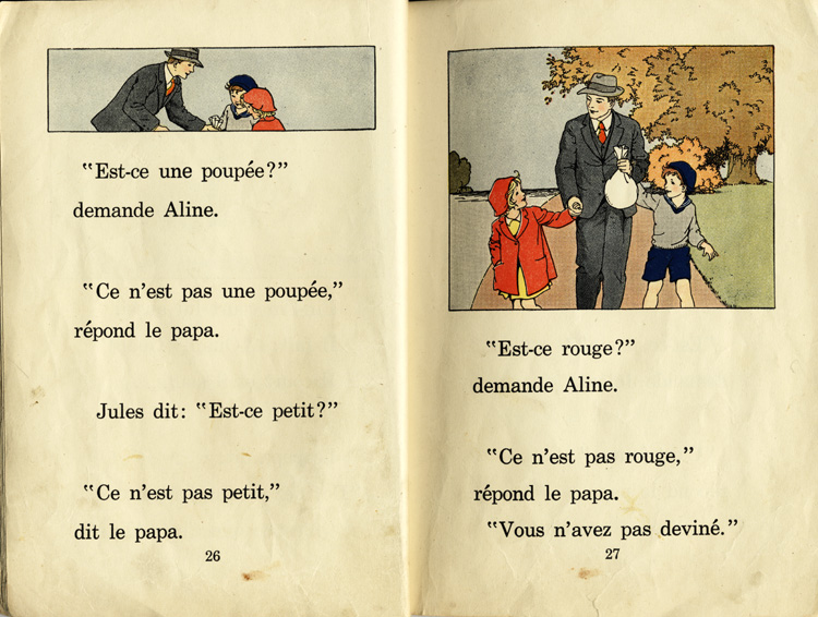 Reproduction de la vingt-sixi&egrave;me et de la vingt-septi&egrave;me page du manuel d’initiation &agrave; la lecture Frou-Frou et Fin-Fin de Robert Gauthier, 1939.