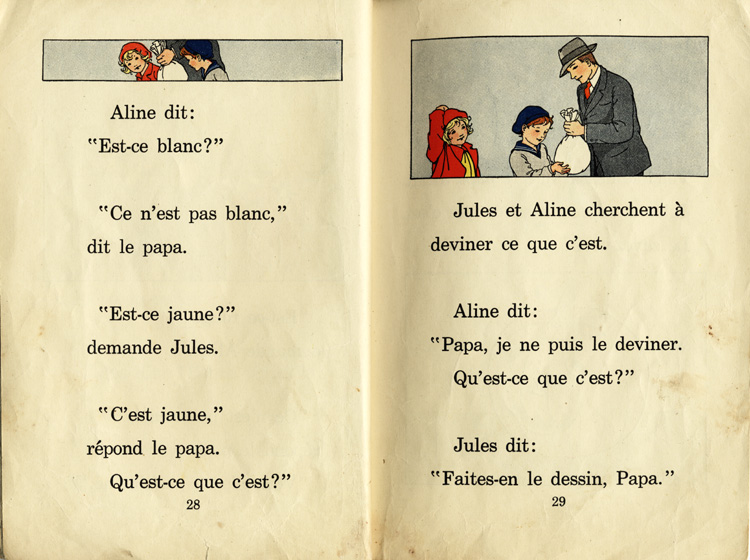 Reproduction de la vingt-huiti&egrave;me et de la vingt-neuvi&egrave;me page du manuel d’initiation &agrave; la lecture Frou-Frou et Fin-Fin de Robert Gauthier, 1939.