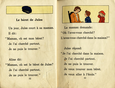Reproduction de la trente-deuxi&egrave;me et de la trente-troisi&egrave;me page du manuel d’initiation &agrave; la lecture Frou-Frou et Fin-Fin de Robert Gauthier, 1939.