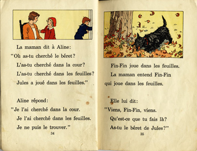 Reproduction de la trente-quatri&egrave;me et de la trente-cinqui&egrave;me page du manuel d’initiation &agrave; la lecture Frou-Frou et Fin-Fin de Robert Gauthier, 1939.
