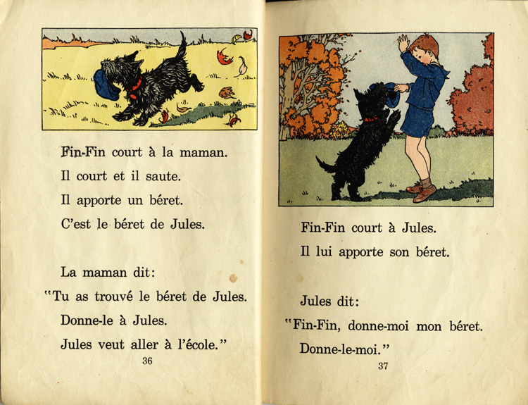 Reproduction de la trente-sixi&egrave;me et de la trente-septi&egrave;me page du manuel d’initiation &agrave; la lecture Frou-Frou et Fin-Fin de Robert Gauthier, 1939.