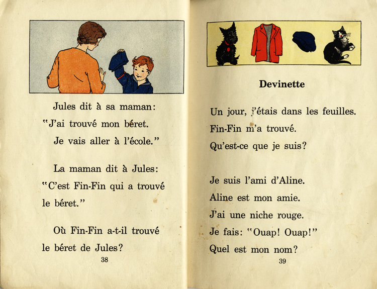 Reproduction de la trente-huiti&egrave;me et de la trente-neuvi&egrave;me page du manuel d’initiation &agrave; la lecture Frou-Frou et Fin-Fin de Robert Gauthier, 1939.