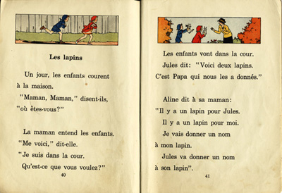 Reproduction de la quaranti&egrave;me et de la quarante et uni&egrave;me page du manuel d’initiation &agrave; la lecture Frou-Frou et Fin-Fin de Robert Gauthier, 1939.
