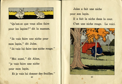 Reproduction de la quarante-deuxi&egrave;me et de la quarante-troisi&egrave;me page du manuel d’initiation &agrave; la lecture Frou-Frou et Fin-Fin de Robert Gauthier, 1939.