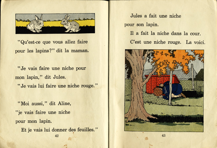 Reproduction de la quarante-deuxi&egrave;me et de la quarante-troisi&egrave;me page du manuel d’initiation &agrave; la lecture Frou-Frou et Fin-Fin de Robert Gauthier, 1939.