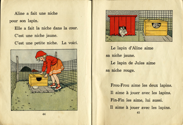 Reproduction de la quarante-quatri&egrave;me et de la quarante-cinqui&egrave;me page du manuel d’initiation &agrave; la lecture Frou-Frou et Fin-Fin de Robert Gauthier, 1939.
