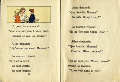 Reproduction de la quarante-sixi&egrave;me et de la quarante-septi&egrave;me page du manuel d’initiation &agrave; la lecture Frou-Frou et Fin-Fin de Robert Gauthier, 1939.