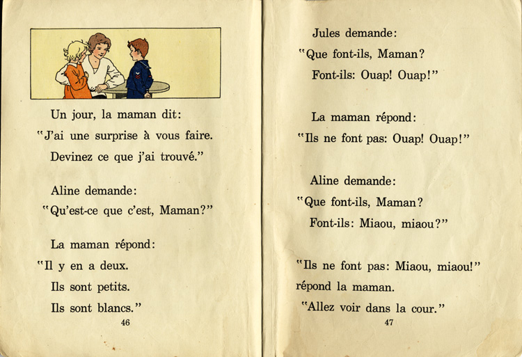 Reproduction de la quarante-sixi&egrave;me et de la quarante-septi&egrave;me page du manuel d’initiation &agrave; la lecture Frou-Frou et Fin-Fin de Robert Gauthier, 1939.